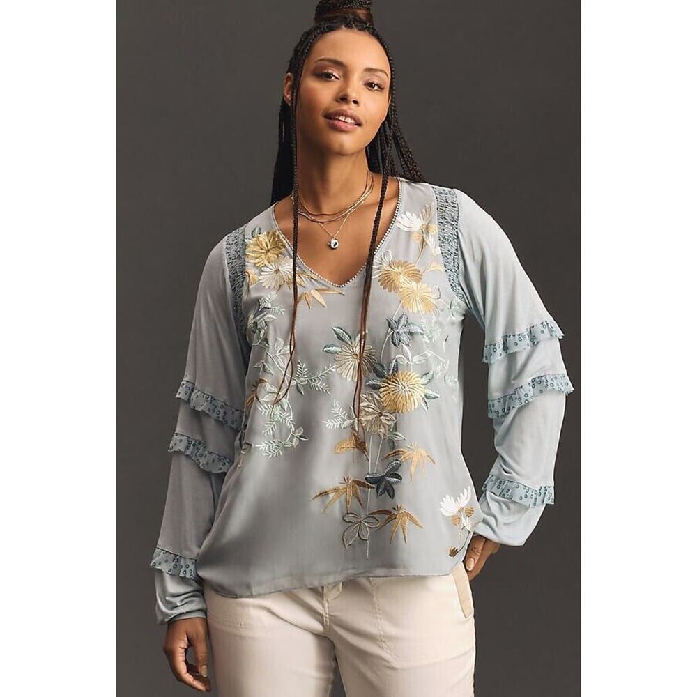 Anthropologie Tiny Women's Blue Frances Long-Sleeve Ruffled Blouse Top Boho XS
